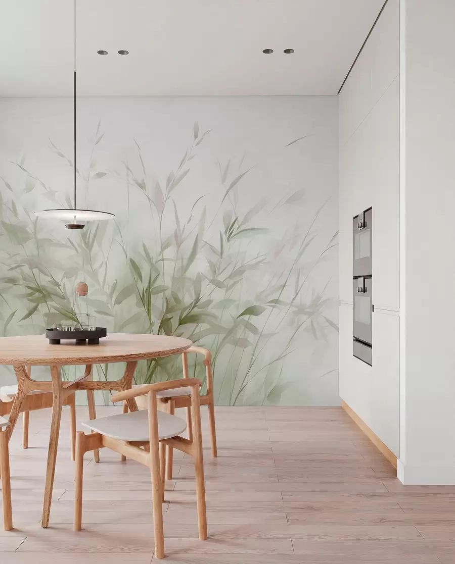 murales de pared Hierba y maleza con hojas y tallos finos, colores verde claro y marrón, pinceladas suaves y delicadas, estampado minimalista w09342