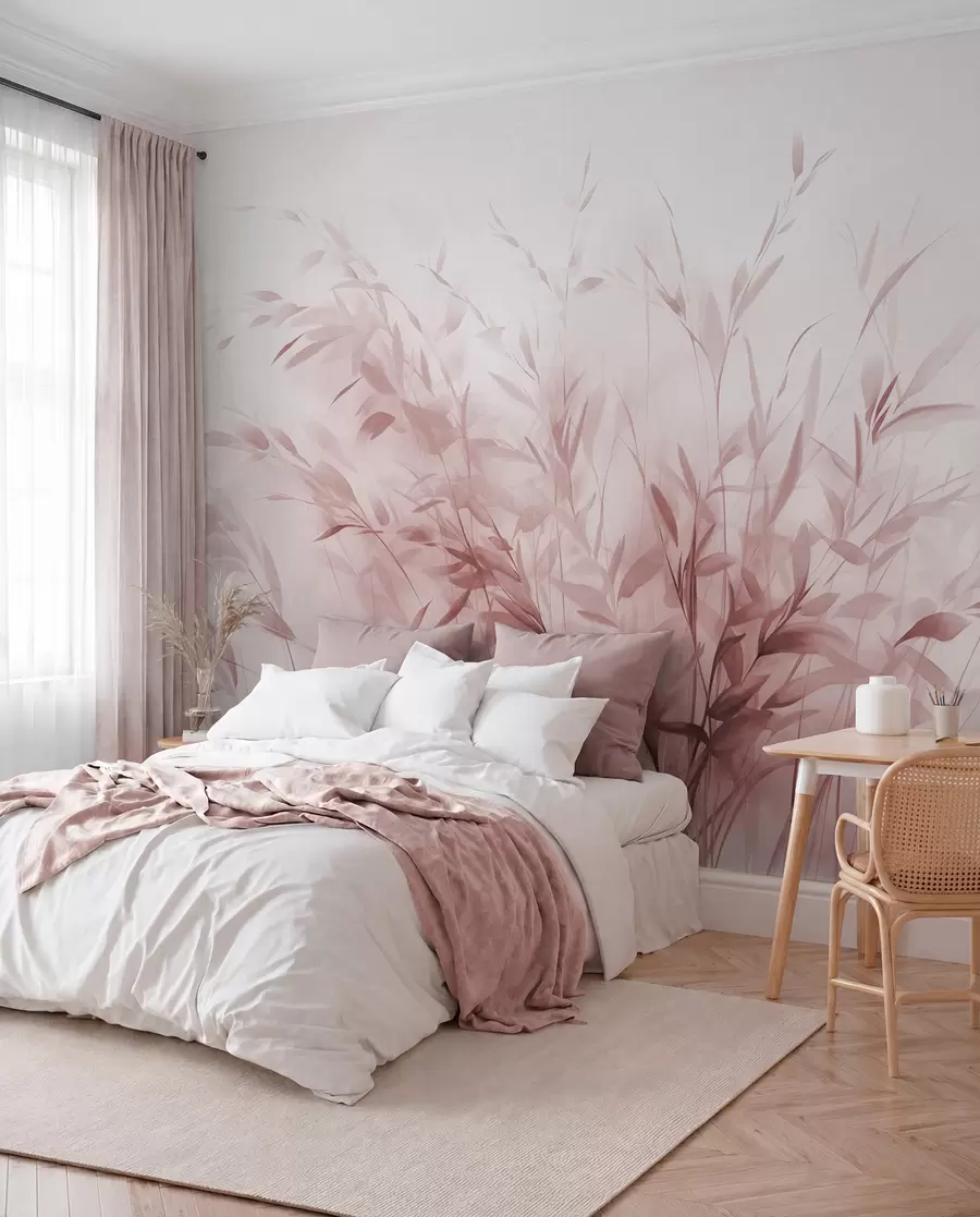 murales de pared Hierba y maleza con hojas y tallos finos, colores rosa claro, pinceladas suaves y delicadas, estampado minimalista w09342v2