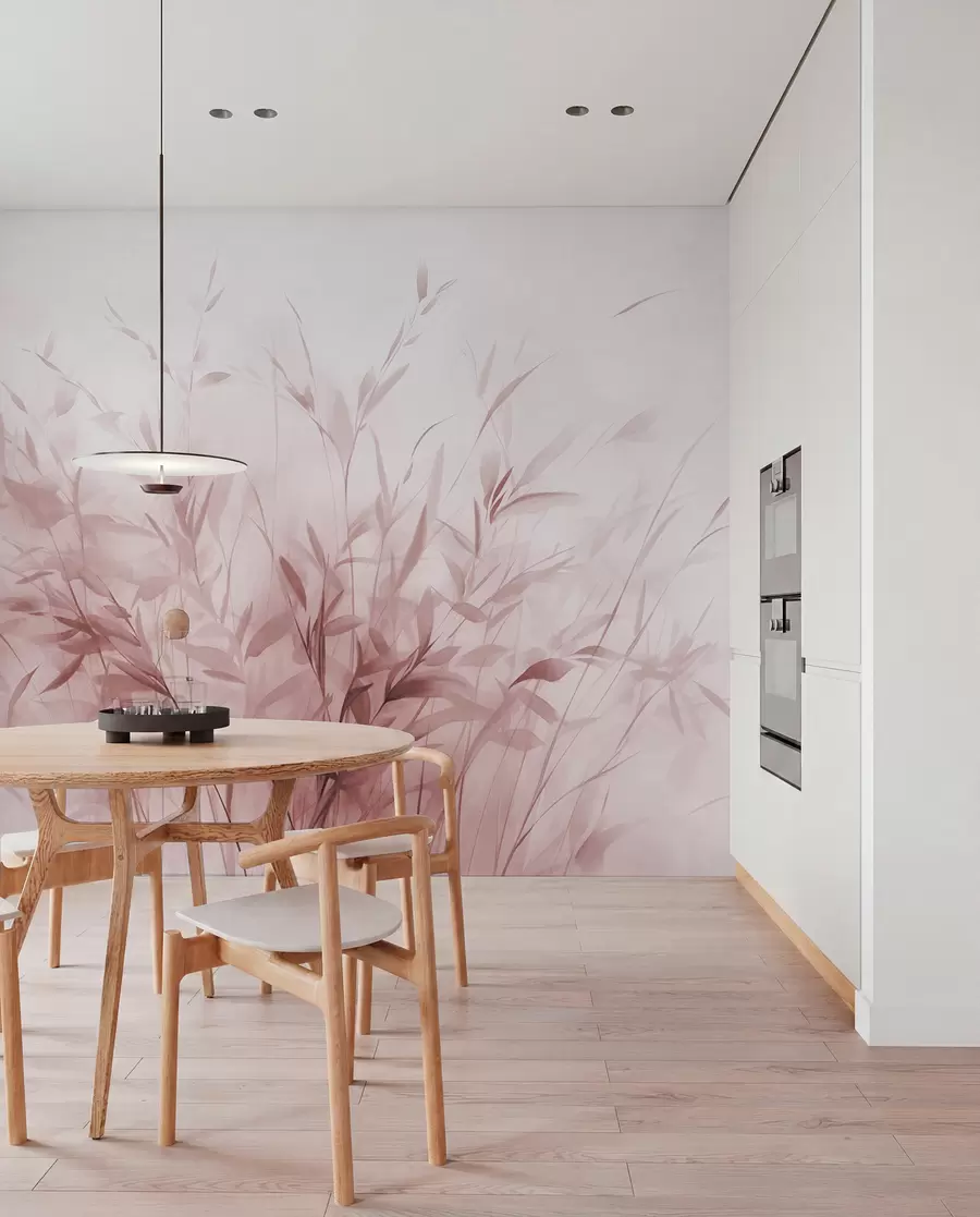 murales de pared Hierba y maleza con hojas y tallos finos, colores rosa claro, pinceladas suaves y delicadas, estampado minimalista w09342v2