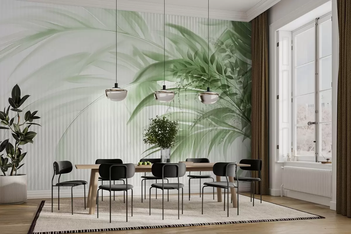 murales de pared Palmera tropical de hojas verdes con fondo blanco a rayas, iluminación suave, pinceladas delicadas, formas orgánicas w09343