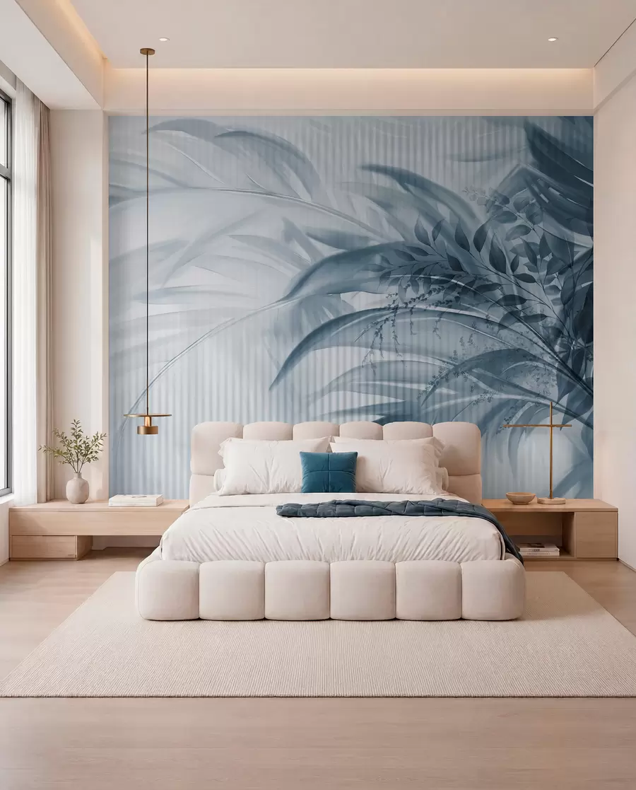 murales de pared Palmera tropical de hojas azules con fondo blanco a rayas, iluminación suave, pinceladas delicadas, formas orgánicas w09343v1