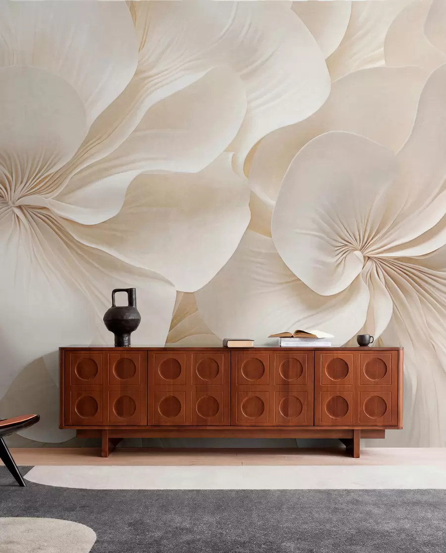 murales de pared Primer plano de flores de textura cremosa con pétalos delicados y fluidos, creando un arreglo floral suave, elegante y con textura w09346