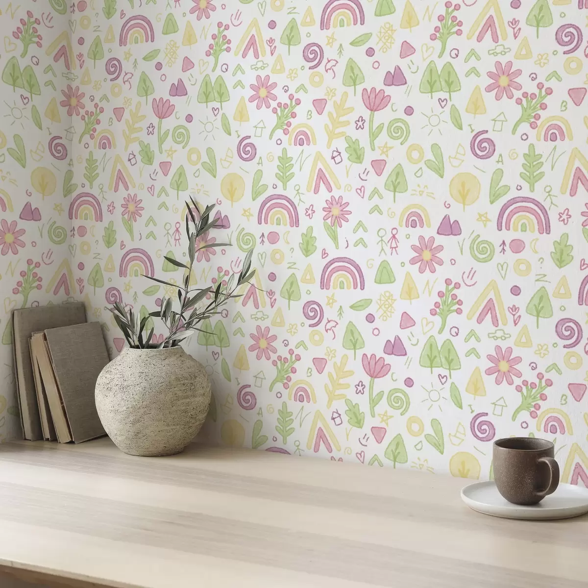 Papel pintado Dibujo infantil con arco iris, flores y árboles a00296 Papel pintado Dibujo infantil con arco iris, flores y árboles a00296