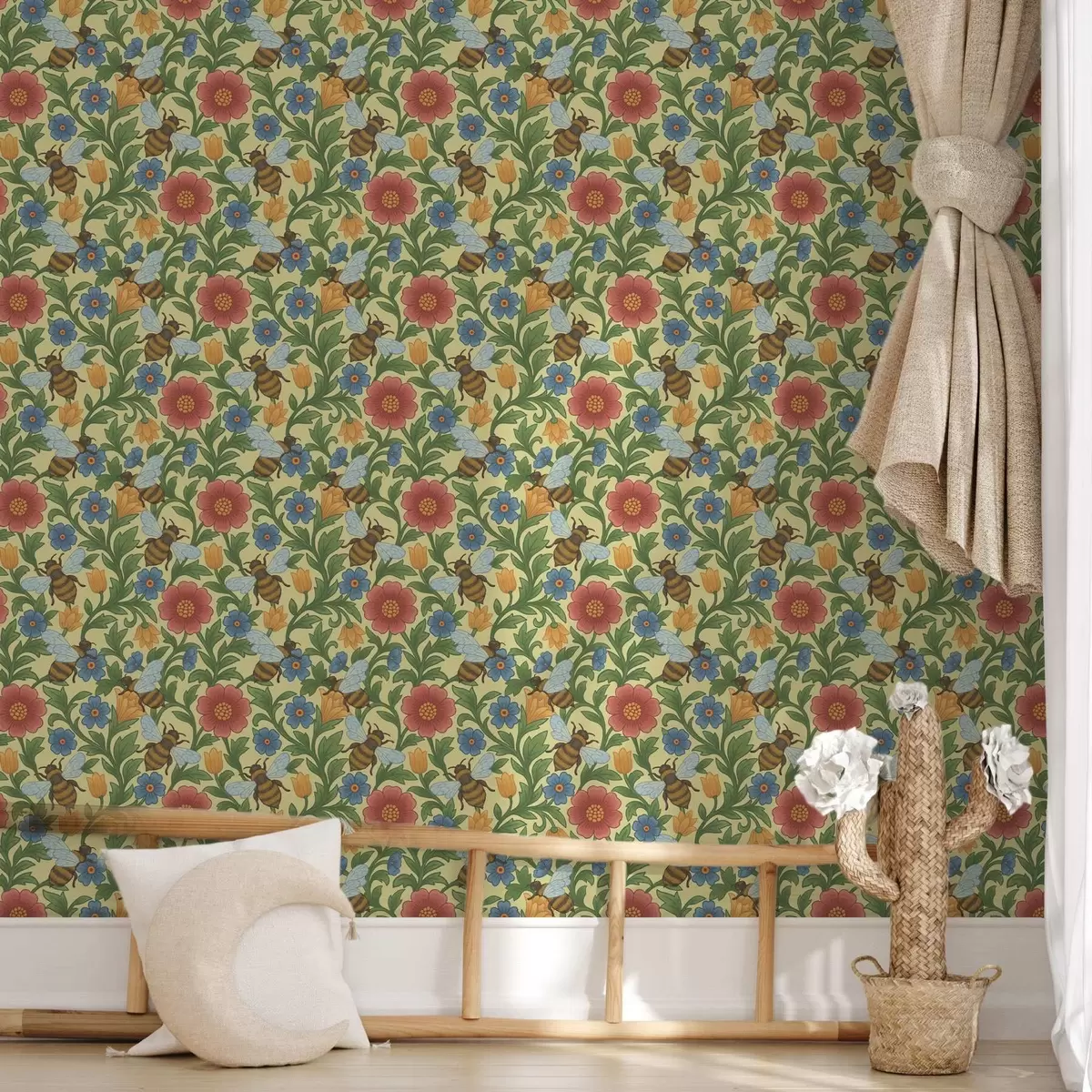 Papel pintado Flores brillantes con grandes abejas a00315