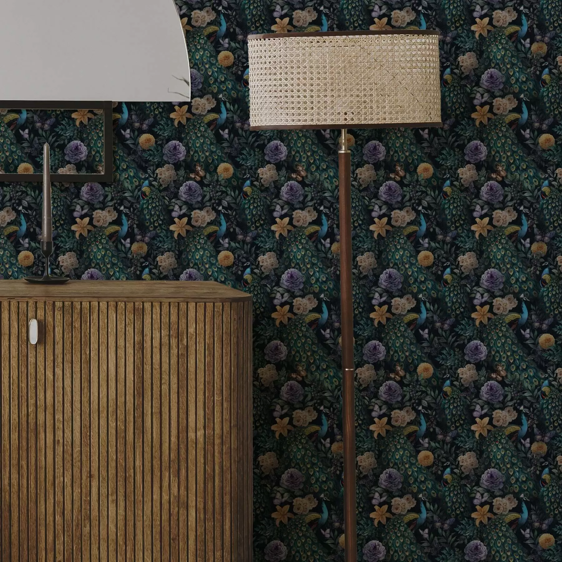 Murales de pared Pavos reales entre flores oscuras y mariposas a00348 murales de pared Pavos reales entre flores oscuras y mariposas a00348