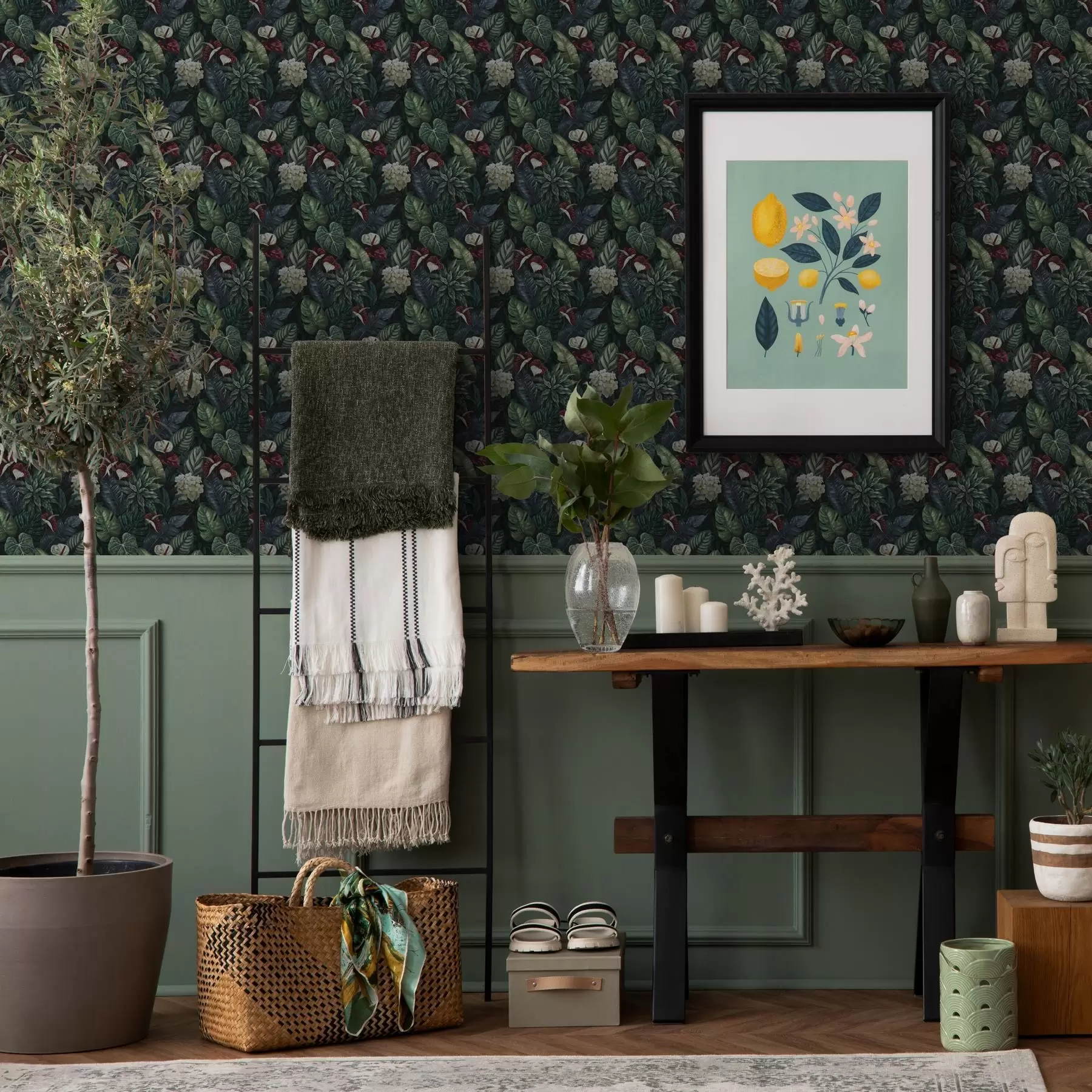 murales de pared Hojas tropicales con flores blancas y rojas a00361