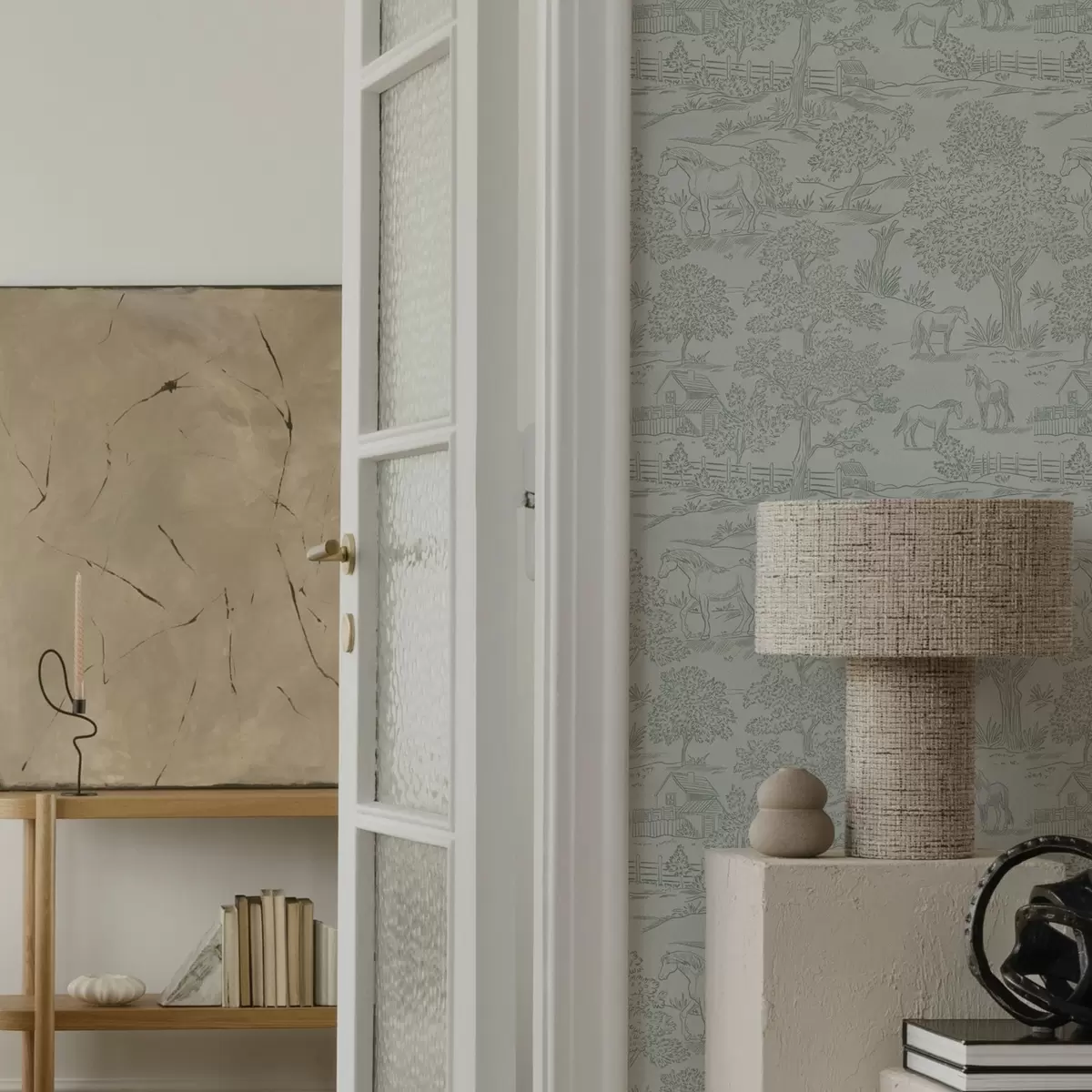 Papel pintado Paisaje verde monocromo con caballos y casitas de campo a00407 Papel pintado Paisaje verde monocromo con caballos y casitas de campo a00407