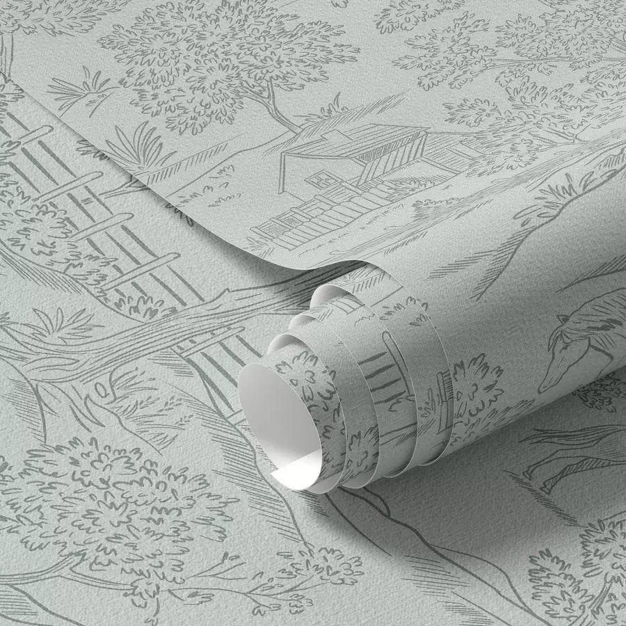 murales de pared Paisaje verde monocromo con caballos y casitas de campo a00407