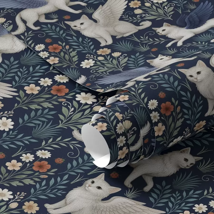 murales de pared Gatos fantásticos con alas entre flores a00408