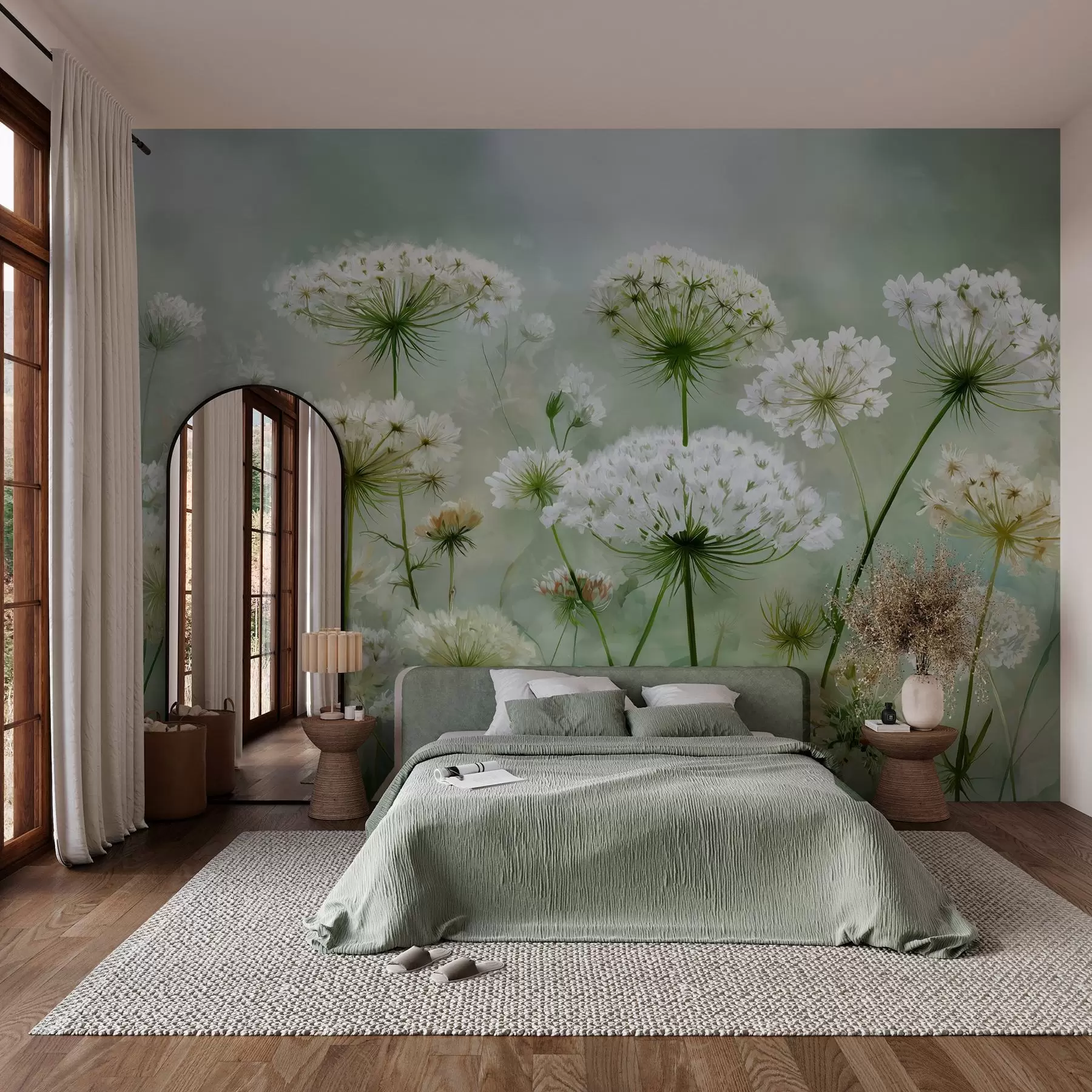 murales de pared delicadas flores silvestres blancas Reina Ana, de estilo pintoresco, tonos verdes w04313