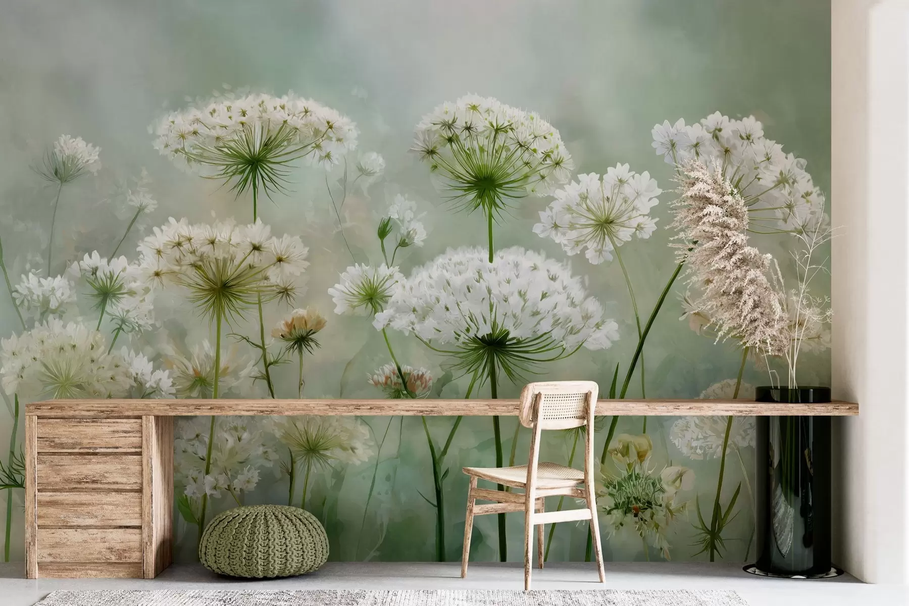 murales de pared delicadas flores silvestres blancas Reina Ana, de estilo pintoresco, tonos verdes w04313
