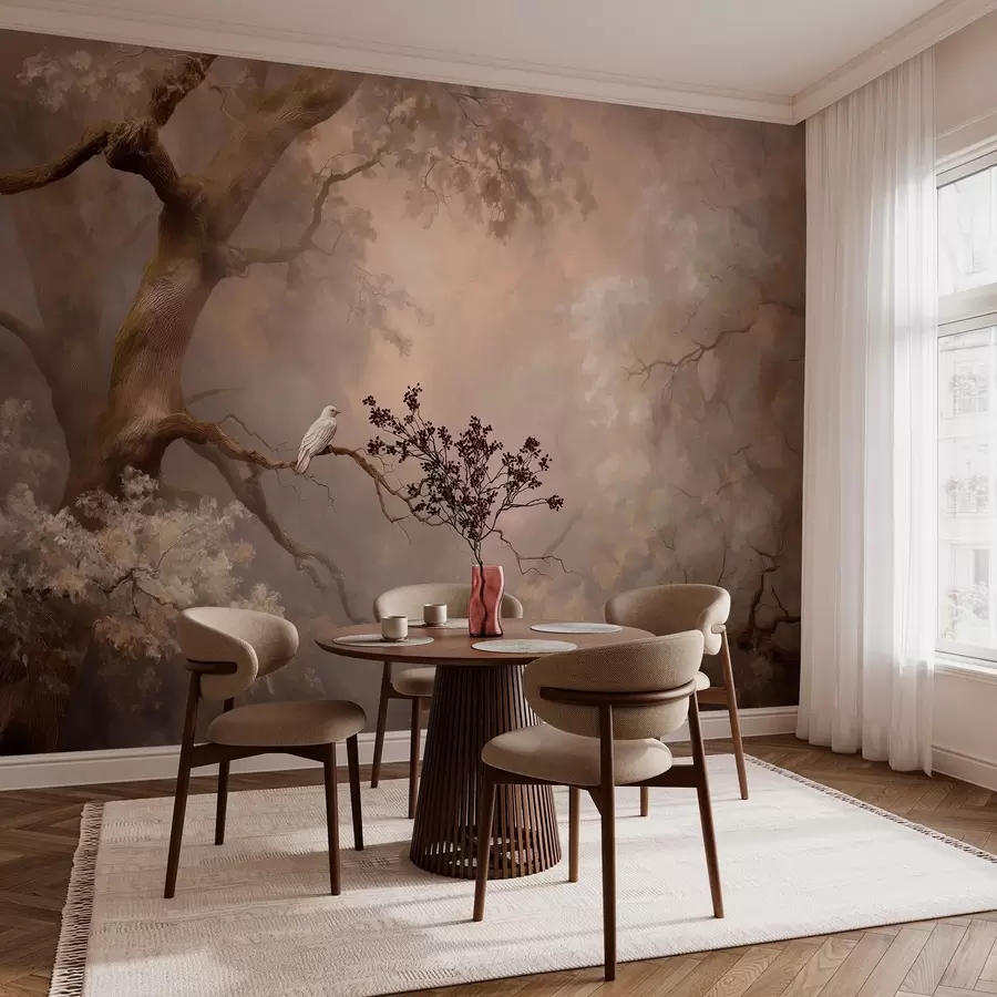 murales de pared bosque místico con un pájaro blanco w04314