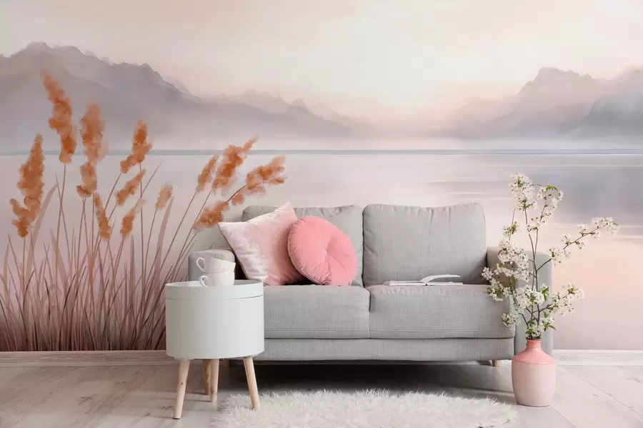 murales de pared un pintoresco lago con juncos y montañas w04315