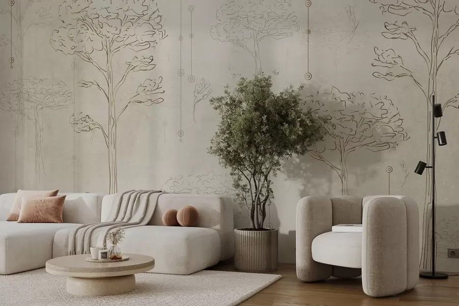 murales de pared Siluetas lineales de árboles en estilo minimalista w04403