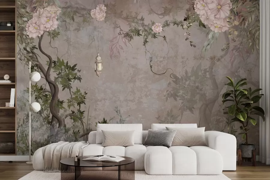 murales de pared Jardín de hadas con flores, árboles y farolillo w04416