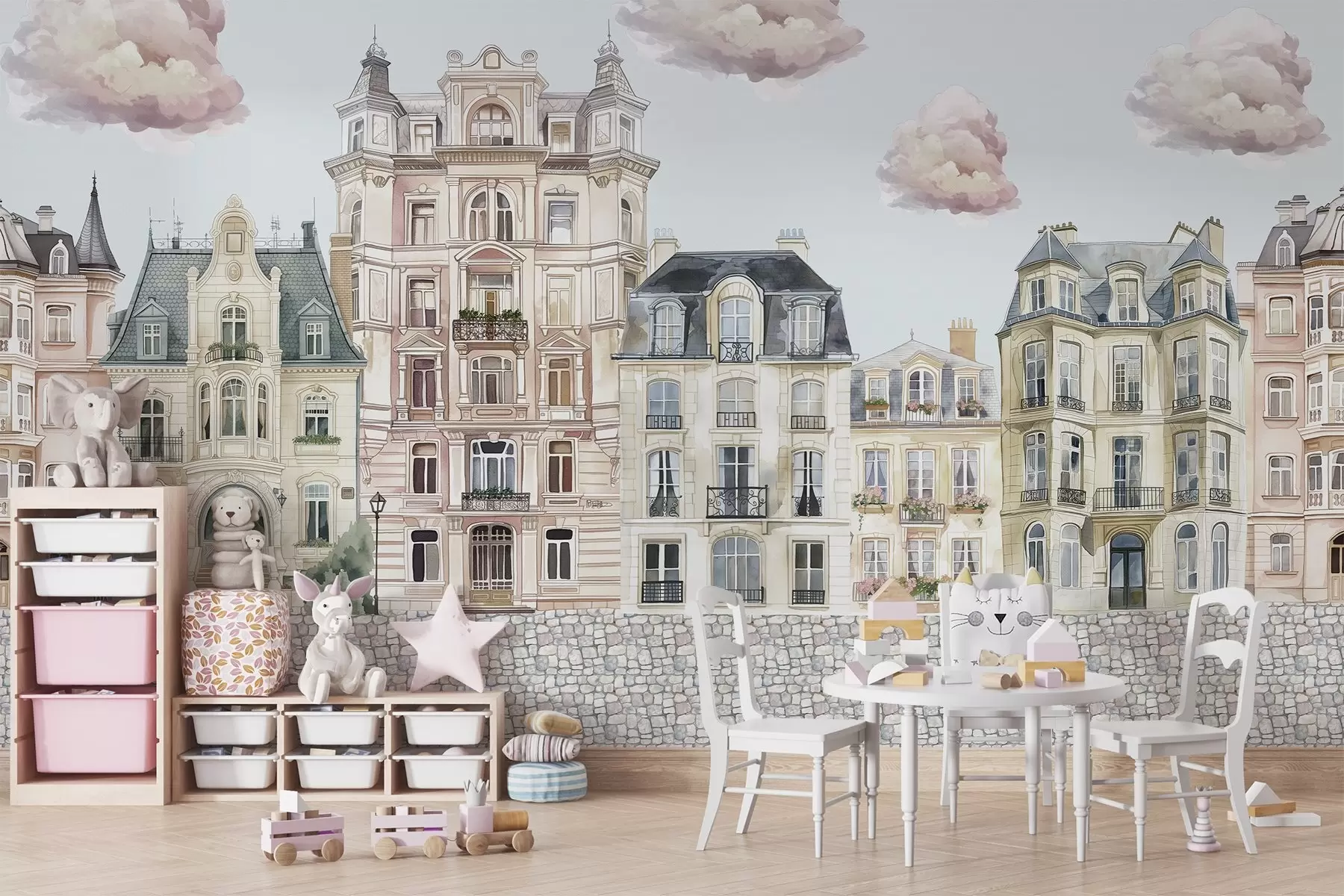 murales de pared Casas de colores, nubes w04474v1