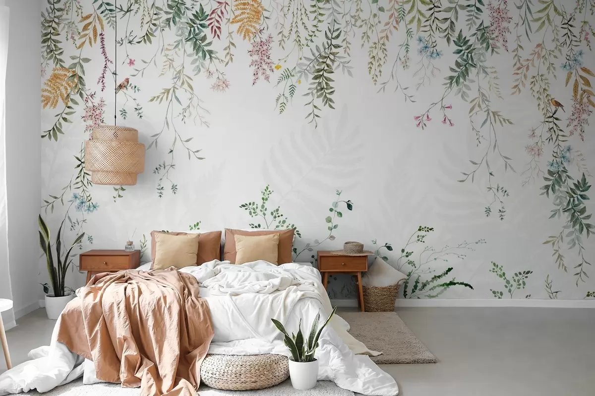 murales de pared Ilustración botánica con helechos, hierba y plantas colgantes, tonos pastel, sobre fondo blanco estilo acuarela texturizada w09364