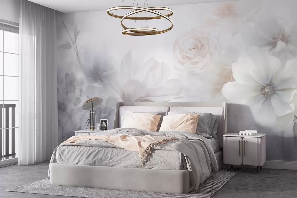 murales de pared Delicado arreglo floral abstracto con rosas y magnolias rosa pastel, enfoque suave, fondo gris claro w09371