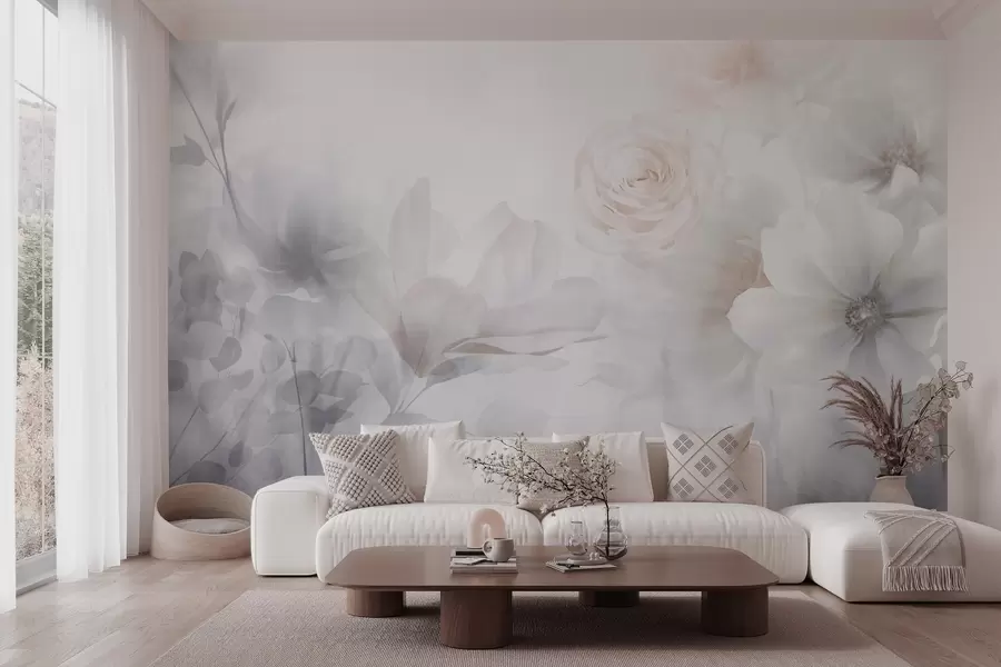 murales de pared Delicado arreglo floral abstracto con rosas y magnolias rosa pastel, enfoque suave, fondo gris claro w09371