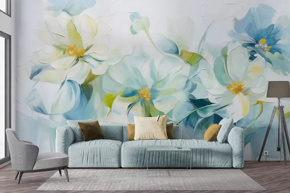 murales de pared Flores abstractas blancas y azules con pistilos amarillos y hojas verdes, en un fondo blanco, estilo de pintura texturizada w09372