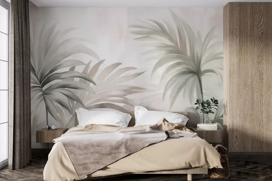 murales de pared Hojas de palmera texturizadas en colores neutros, fondo abstracto beige, pinceladas suaves, follaje tropical texturizado w09380