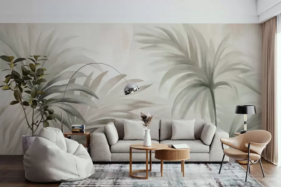 murales de pared Hojas de palmera texturizadas en colores neutros, fondo abstracto beige, pinceladas suaves, follaje tropical texturizado w09380