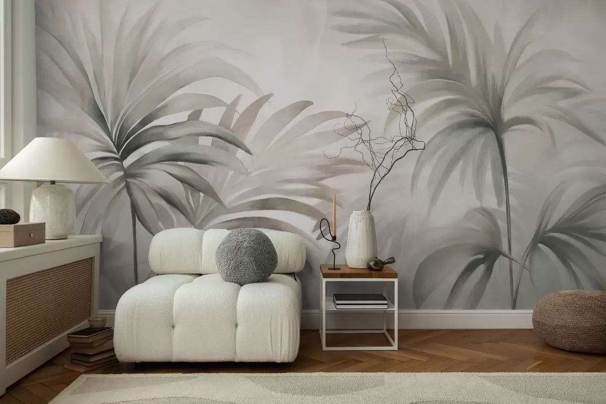 murales de pared Hojas de palmera texturizadas en colores neutros, fondo abstracto beige, pinceladas suaves, follaje tropical texturizado w09380