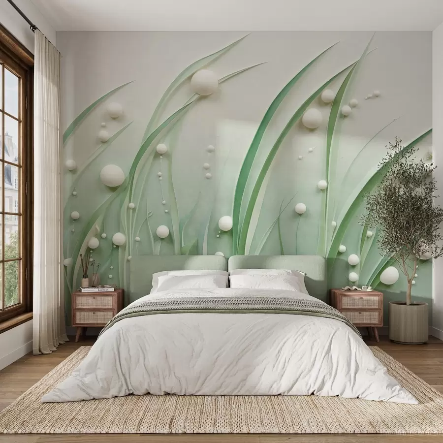murales de pared Hierba verde abstracta con esferas blancas, fondo verde claro, texturizado, líneas limpias, estilo minimalista w09382