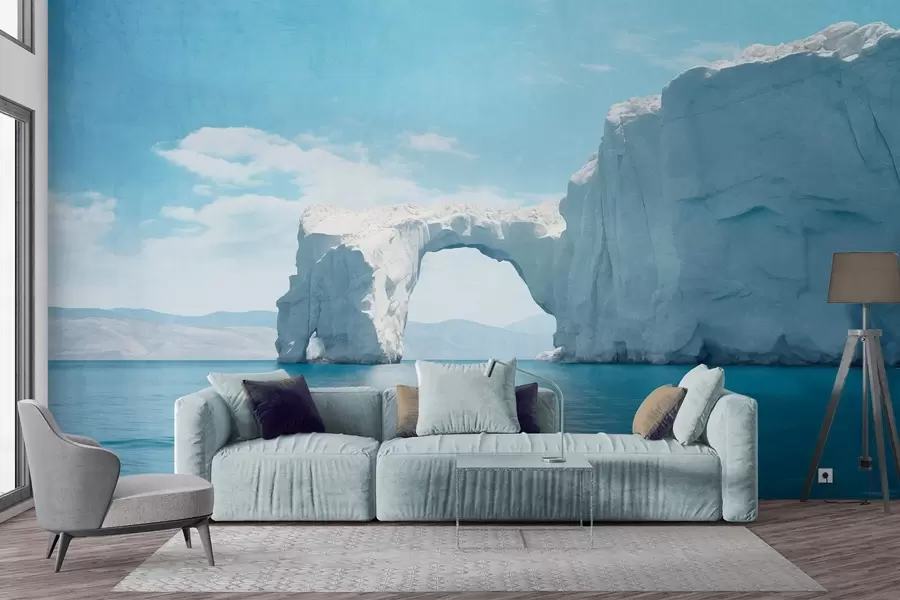 murales de pared Paisaje con puente de hielo natural sobre el océano , cielo azul claro con algunas nubes, impresión texturizada w09383