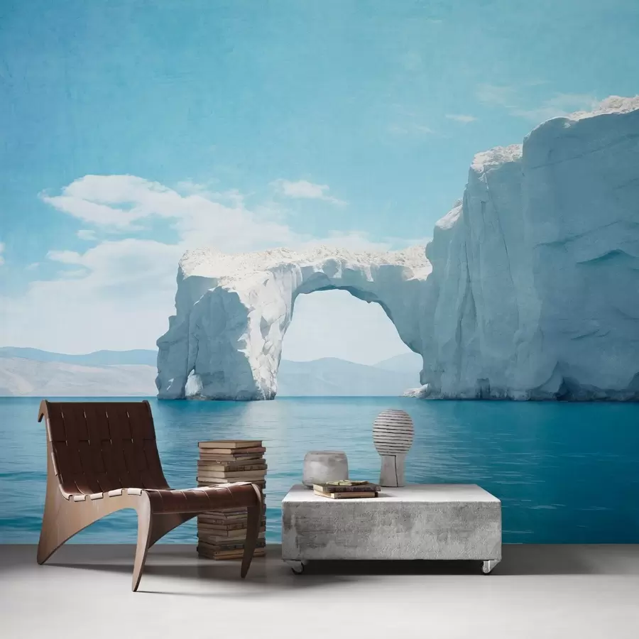 murales de pared Paisaje con puente de hielo natural sobre el océano , cielo azul claro con algunas nubes, impresión texturizada w09383
