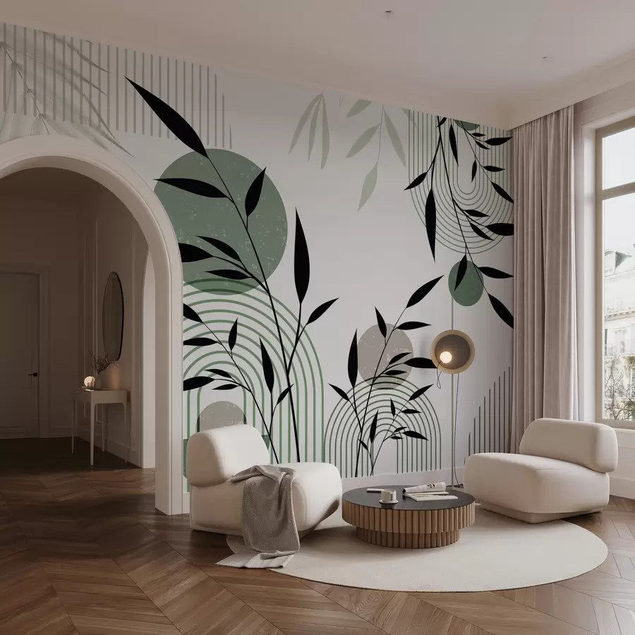 murales de pared Estampado abstracto texturizado con formas geométricas, círculos y arcos y plantas negras y verdes sobre fondo blanco w09384