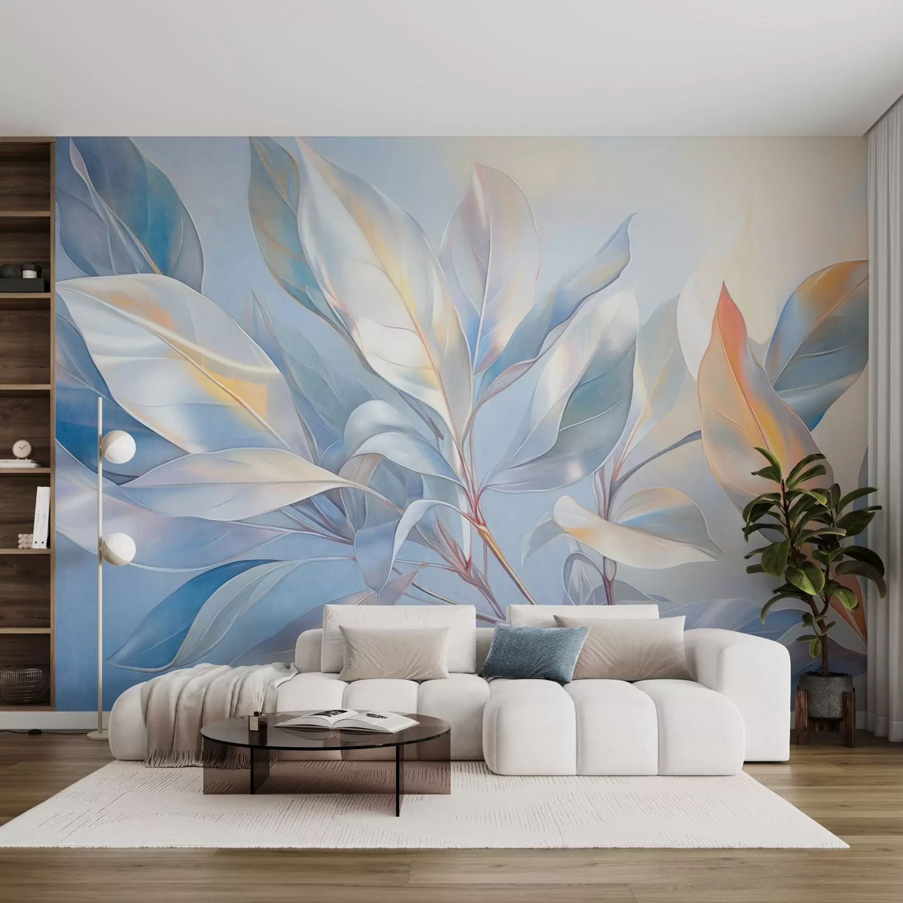 murales de pared Hojas de magnolia con tonos blancos y azules, iluminación suave, composición elegante, venas de las hojas detalladas, pinceladas artísticas w09385