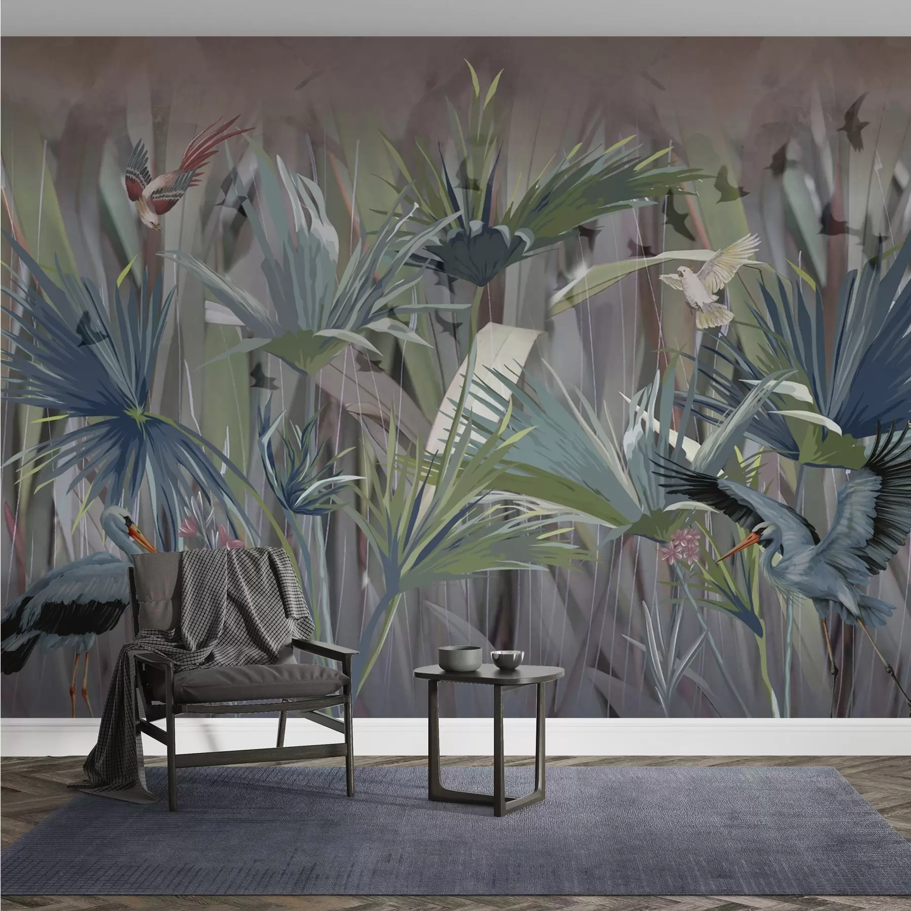 murales de pared Pájaros exóticos entre palmeras y flores w04458