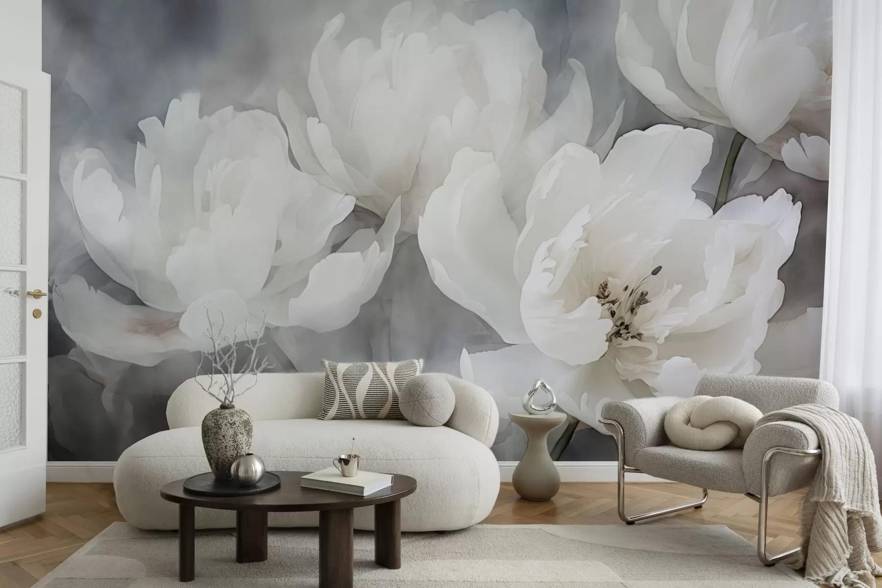 murales de pared Flores blancas sobre un fondo brumoso y delicado w04441