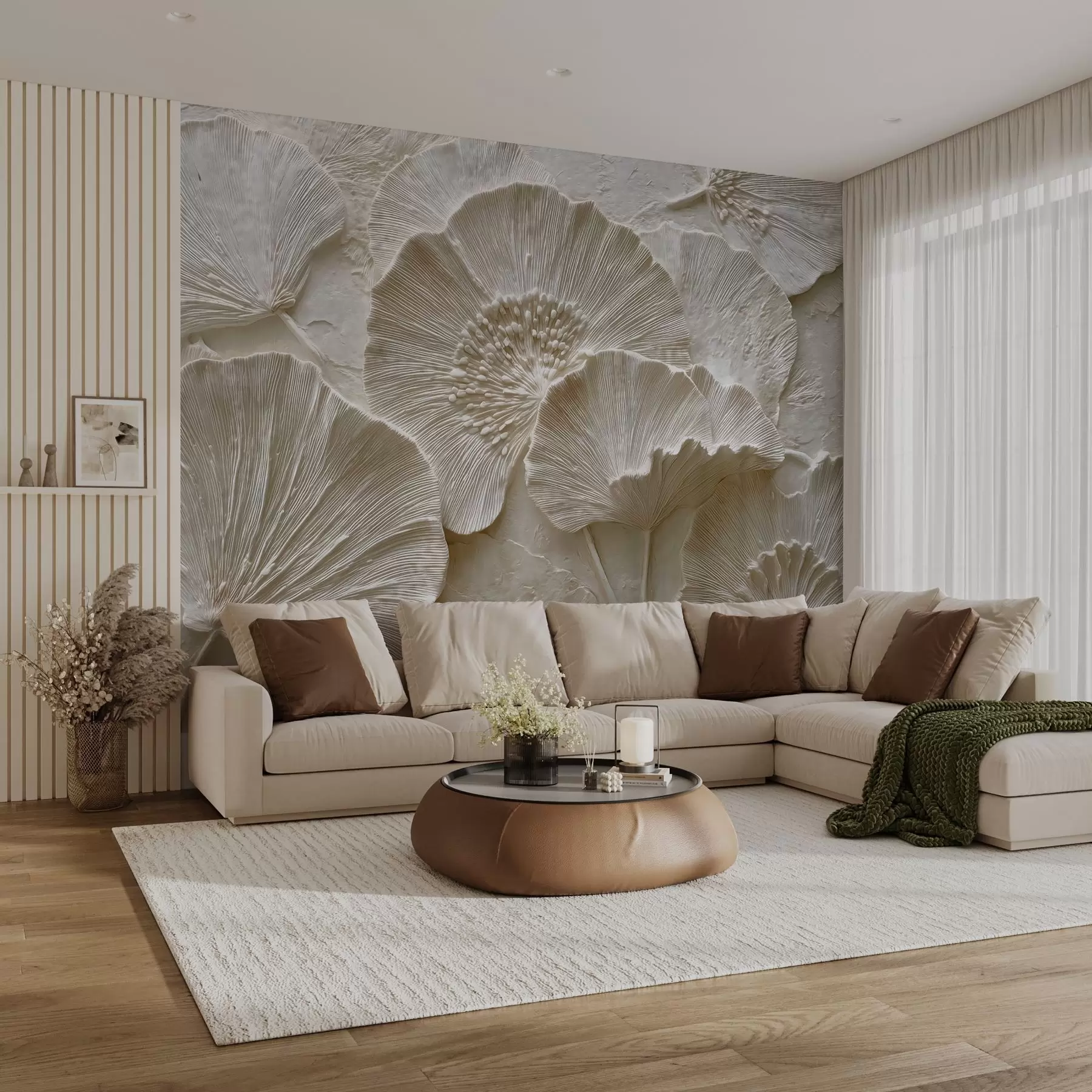 murales de pared Voluminosas hojas de ginkgo en ligero relieve w04444