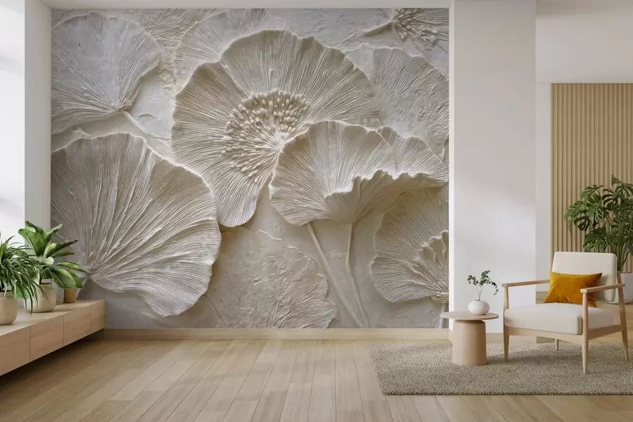 murales de pared Voluminosas hojas de ginkgo en ligero relieve w04444