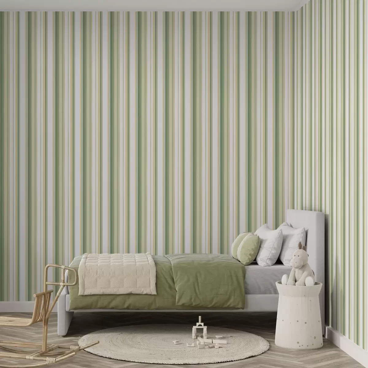 Papel pintado Rayas verdes y beige con acentos amarillos a00531