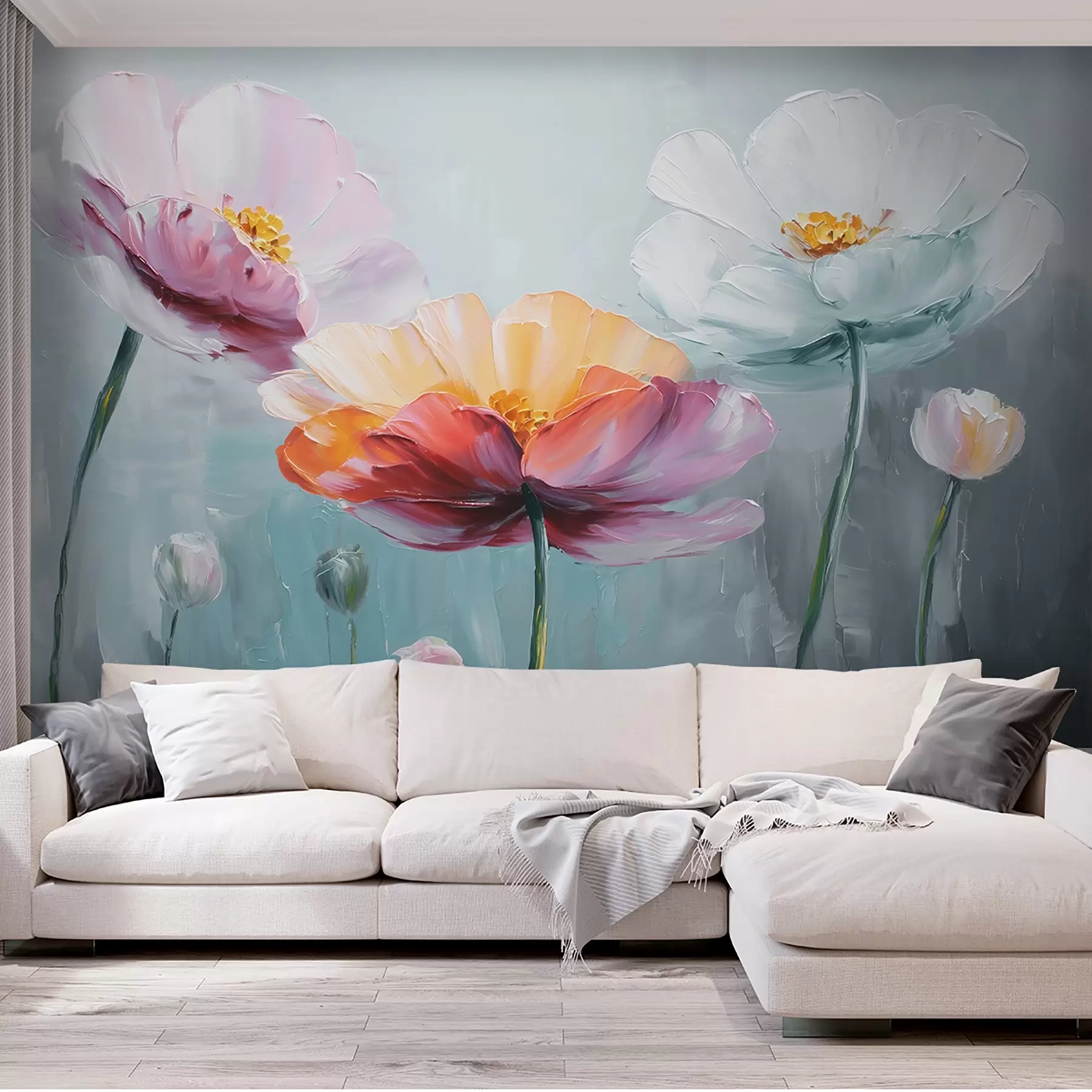 murales de pared Flores brillantes en técnica de pintura al óleo sobre fondo azul w09310