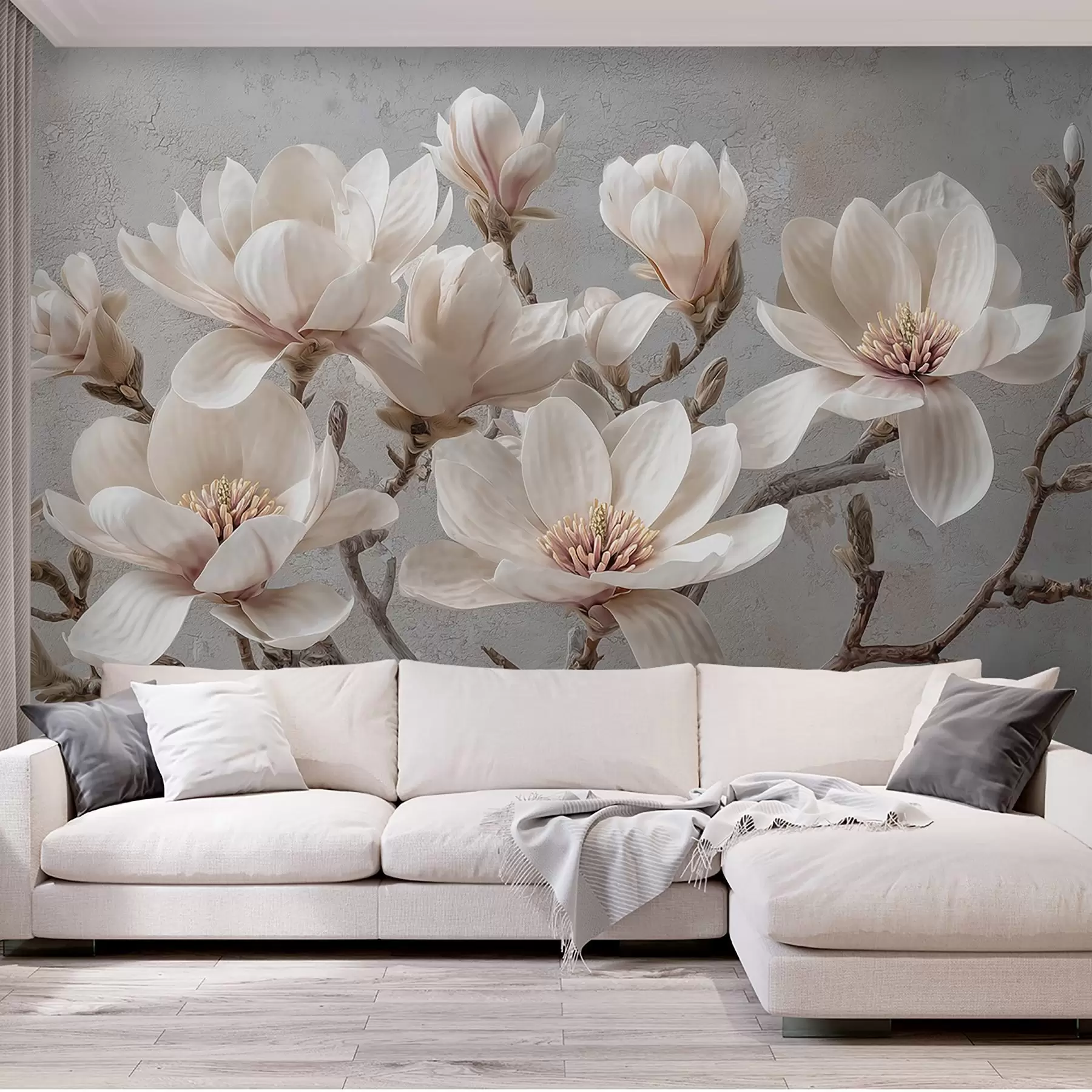 murales de pared Ramas de magnolia con grandes flores claras en tonos apagados w09305