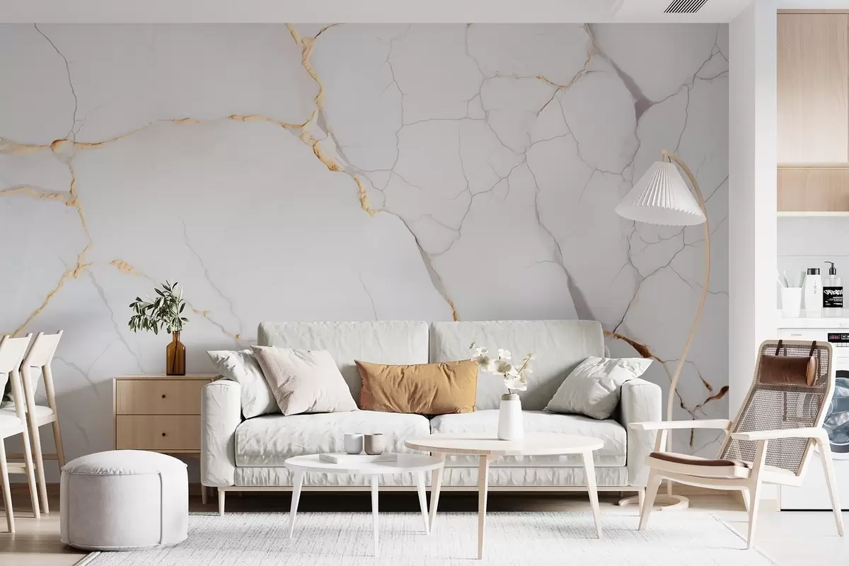murales de pared Imitación de mármol con finas grietas y vetas amarillas w09390