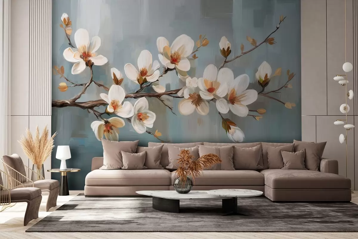 murales de pared Una rama en flor al estilo de la pintura al óleo sobre fondo azul w04496