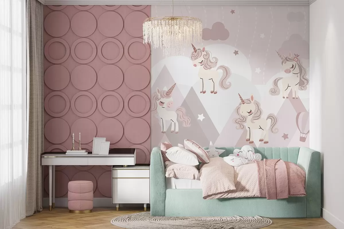 murales de pared Unicornios en montañas de cuento de hadas w04540