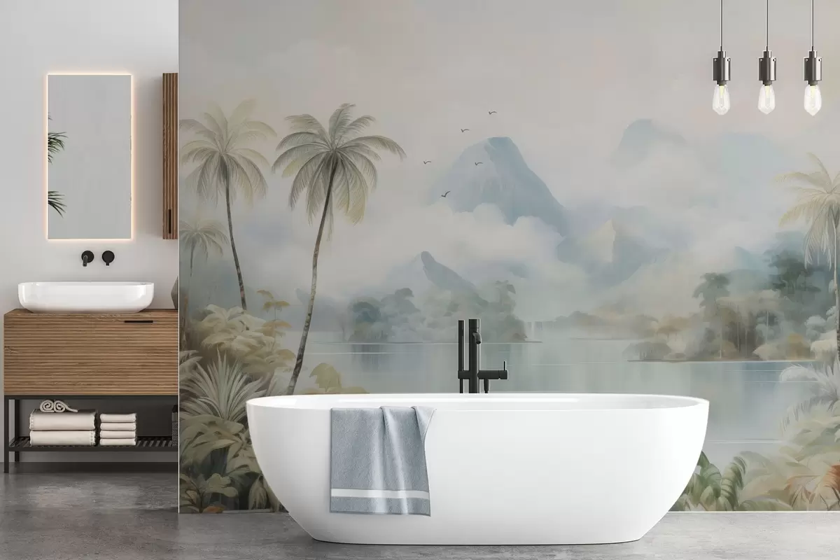 murales de pared Río en la selva cerca de las montañas w04536