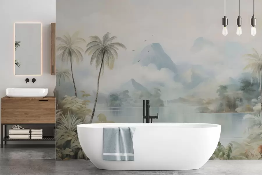 murales de pared Río en la selva cerca de las montañas w04536