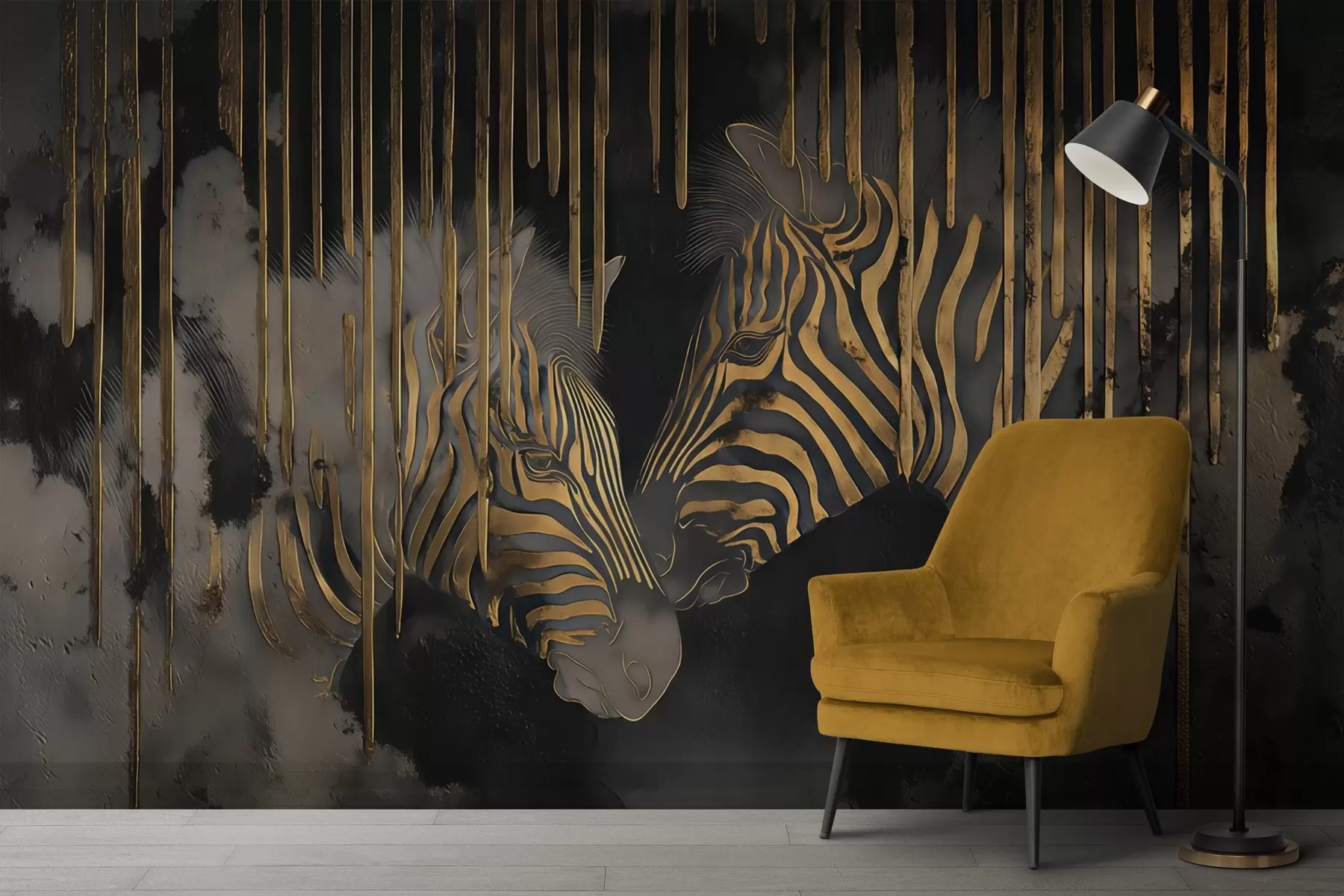 murales de pared Cebras con fondo negro abstracto w04548