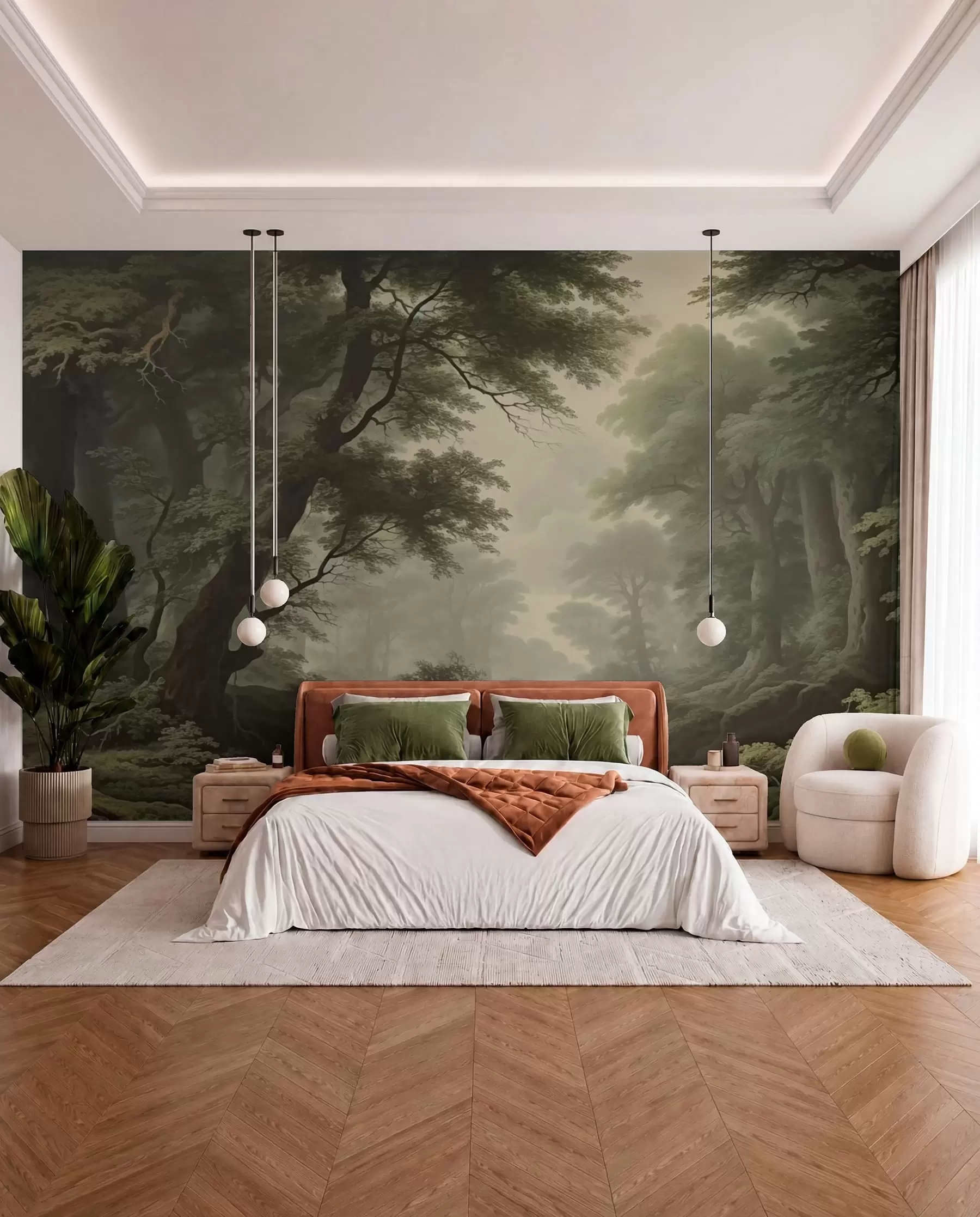 murales de pared Bosque brumoso con río y árboles antiguos de gran altura w04555