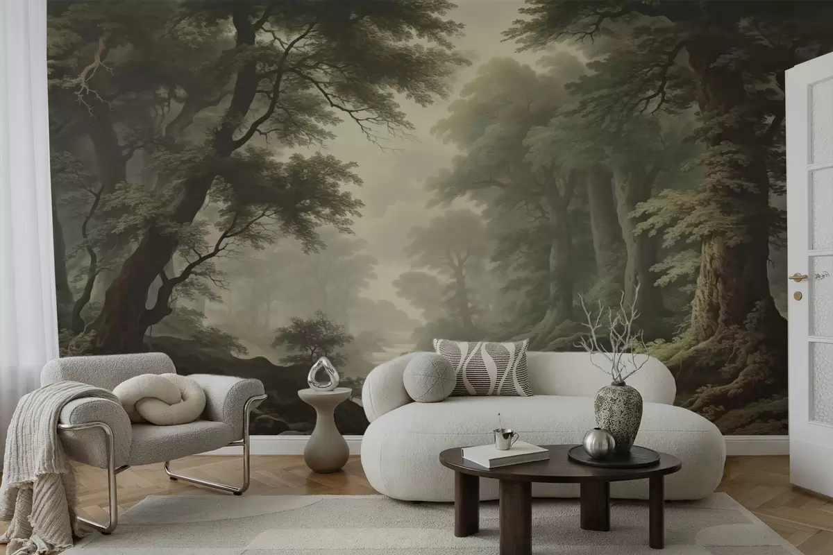 murales de pared Bosque brumoso con río y árboles antiguos de gran altura w04555