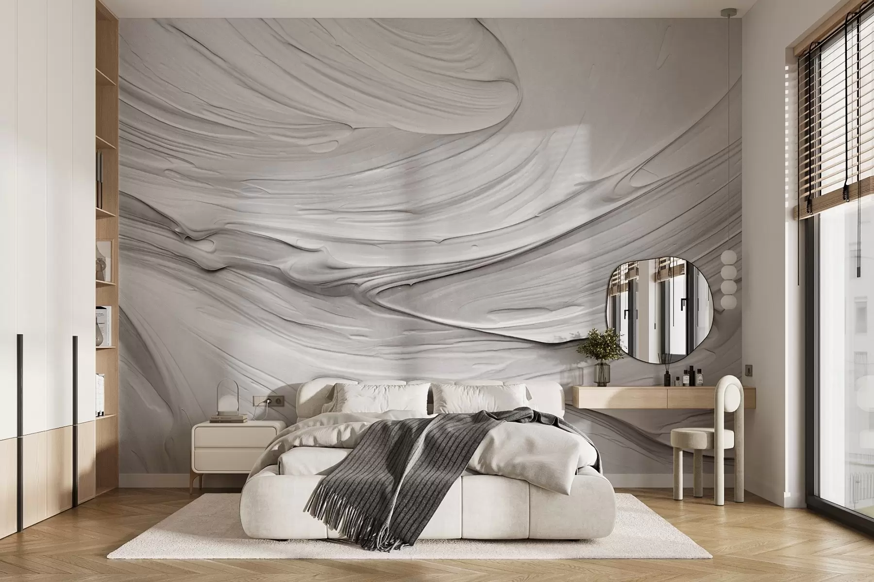 murales de pared Imitaciones de pinceladas abstractas de pintura blanca con textura y un patrón en espiral, composición moderna minimalista y neutra w09394