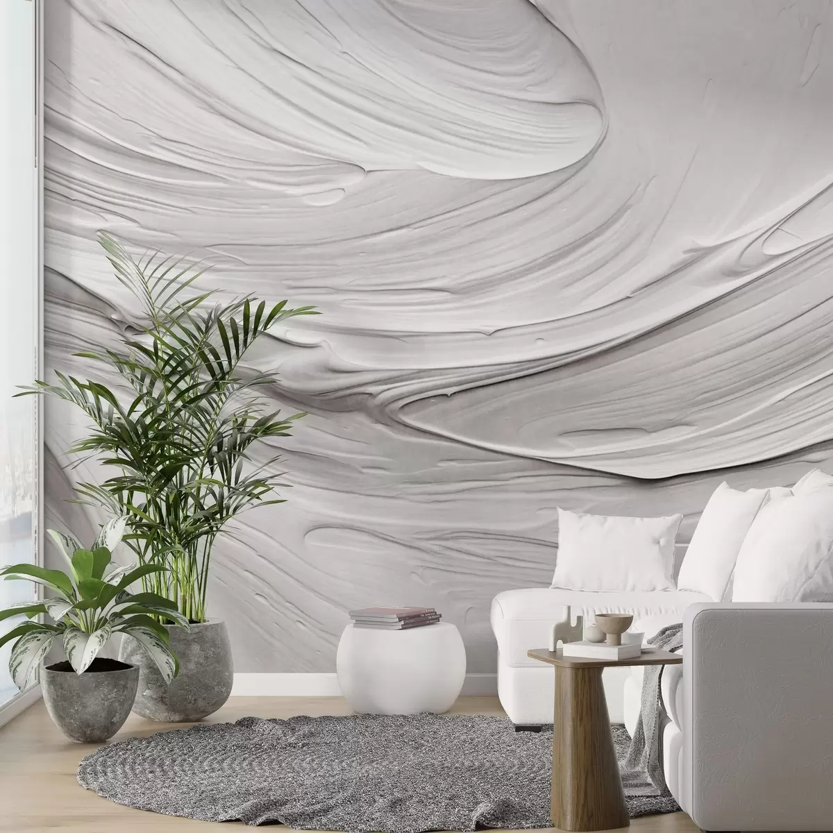 murales de pared Imitaciones de pinceladas abstractas de pintura blanca con textura y un patrón en espiral, composición moderna minimalista y neutra w09394