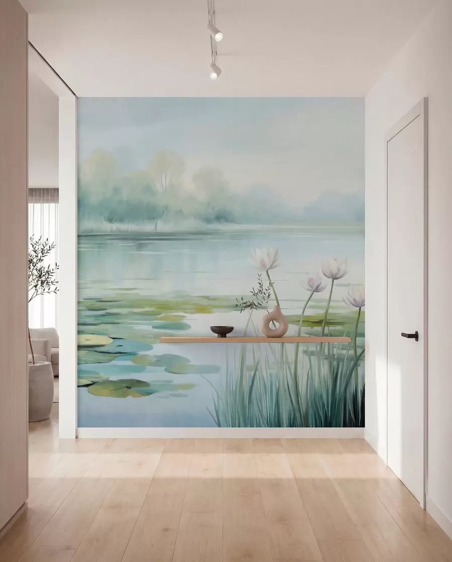 murales de pared Paisaje con un lago, nenúfares y hojas de nenúfar, árboles al fondo, en un entorno tranquilo, tonos azul claro y verde w09395